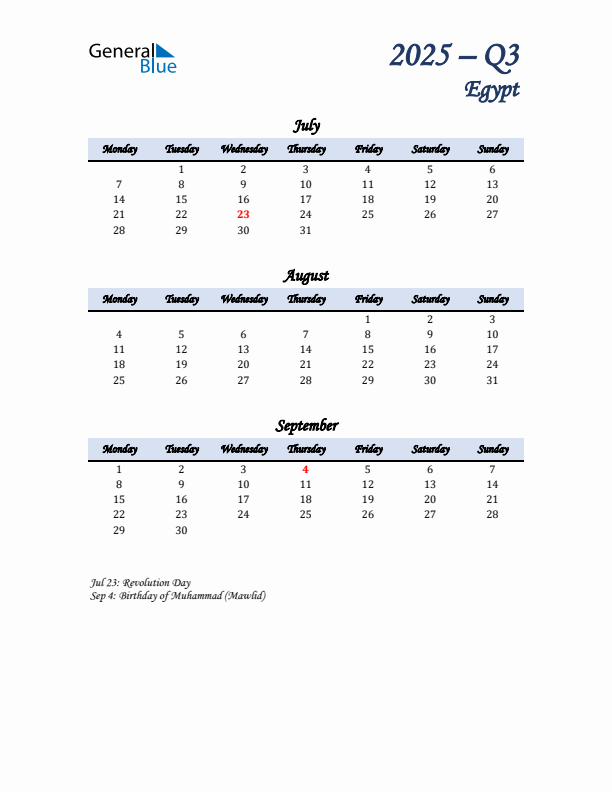 July, August, and September Calendar for Egypt with Monday Start