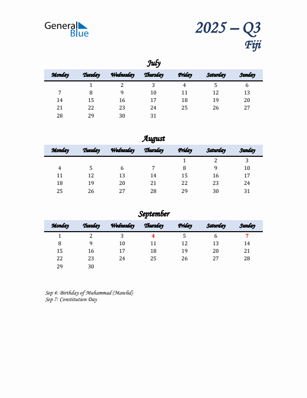 July, August, and September Calendar for Fiji with Monday Start