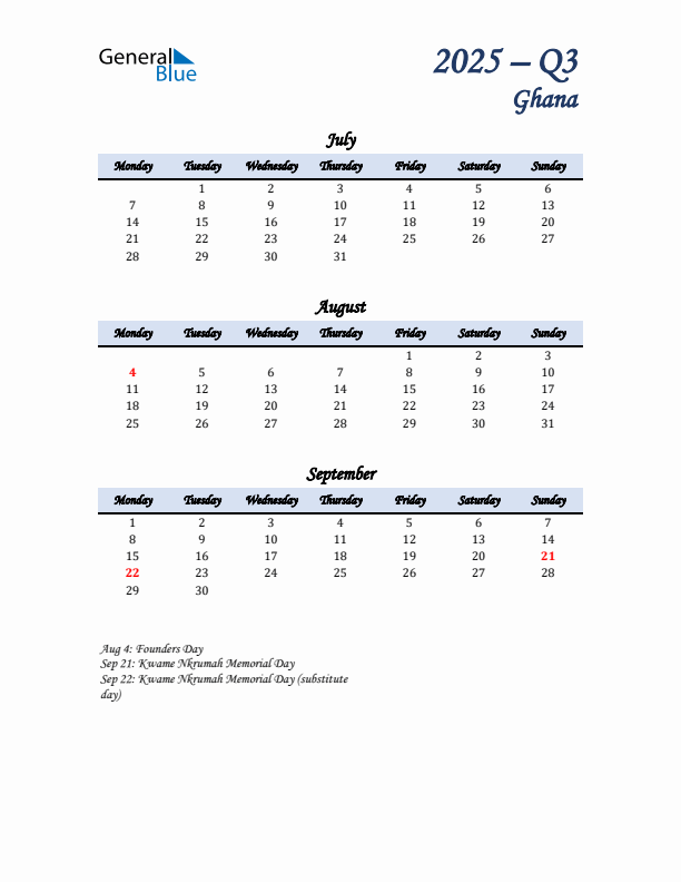 July, August, and September Calendar for Ghana with Monday Start