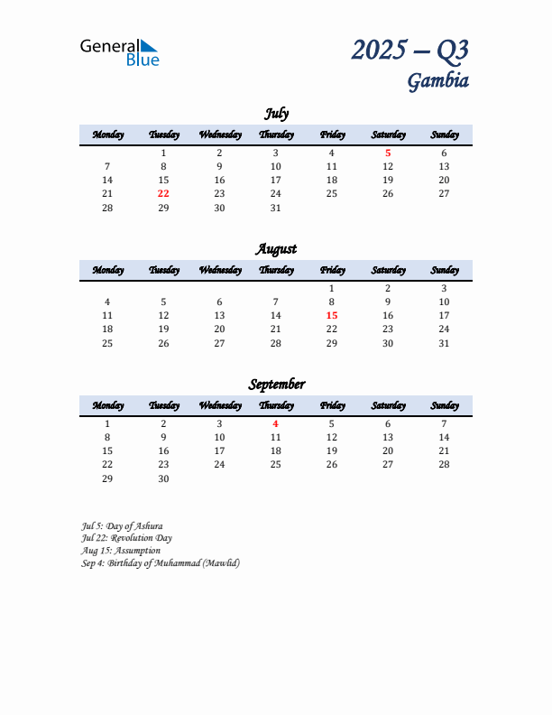 July, August, and September Calendar for Gambia with Monday Start