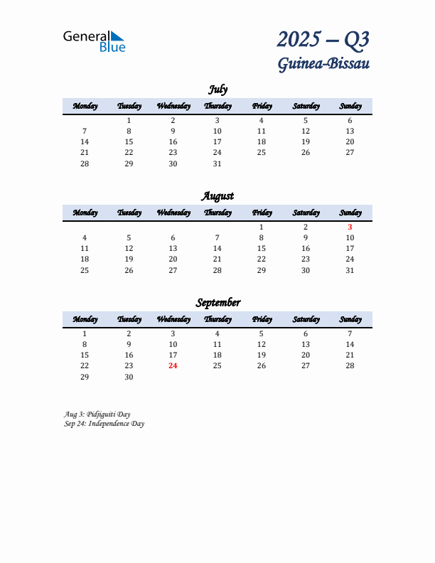July, August, and September Calendar for Guinea-Bissau with Monday Start