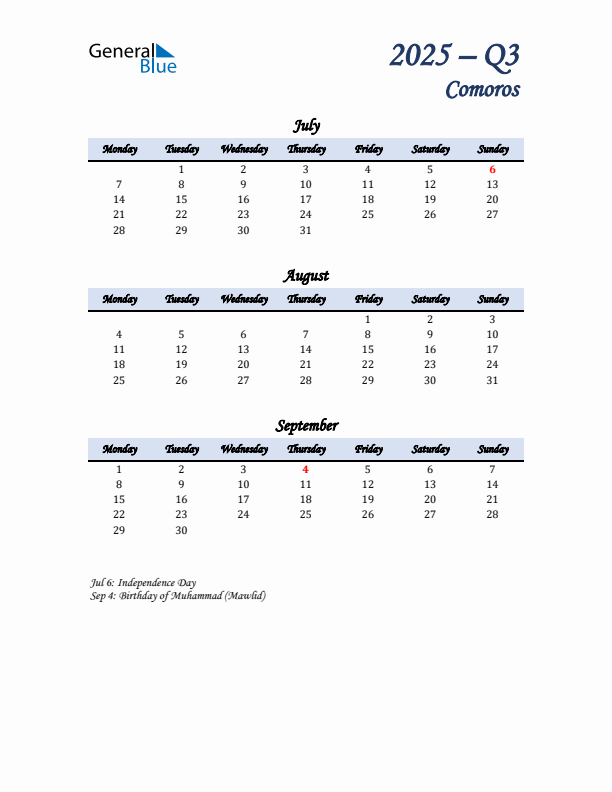 July, August, and September Calendar for Comoros with Monday Start