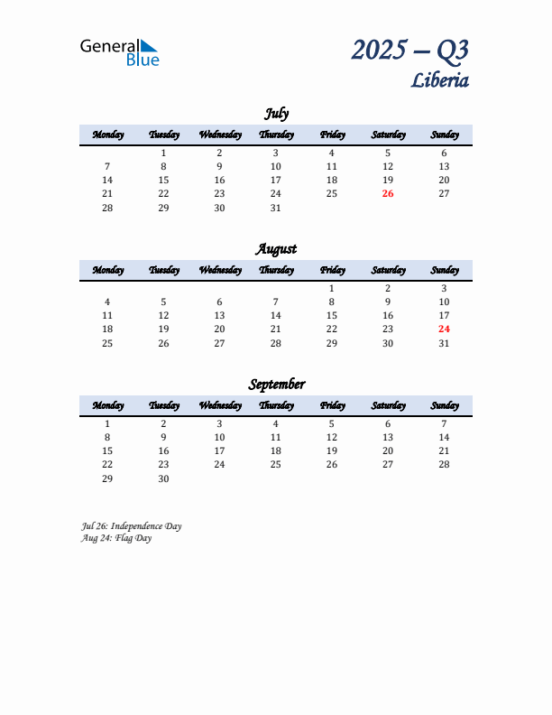 July, August, and September Calendar for Liberia with Monday Start