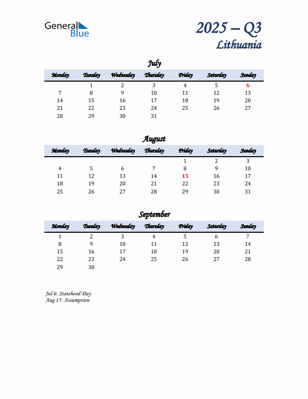 July, August, and September Calendar for Lithuania with Monday Start