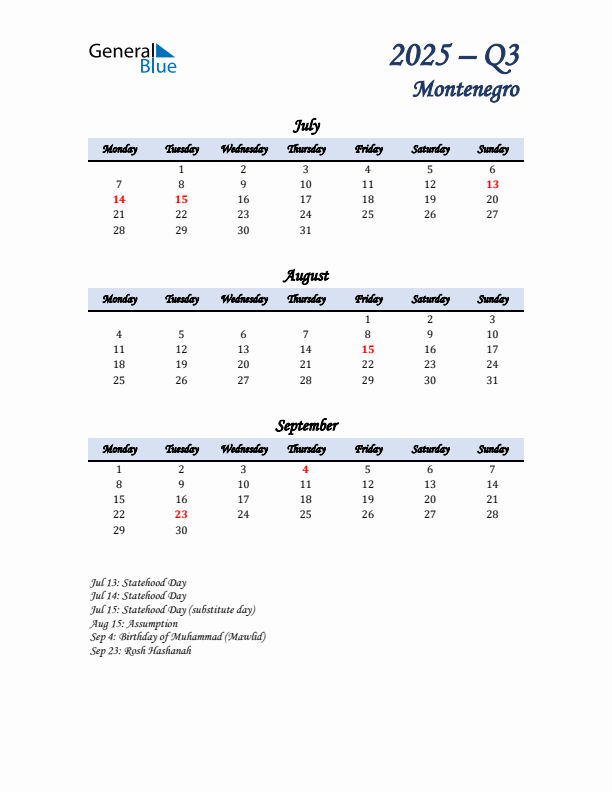 July, August, and September Calendar for Montenegro with Monday Start