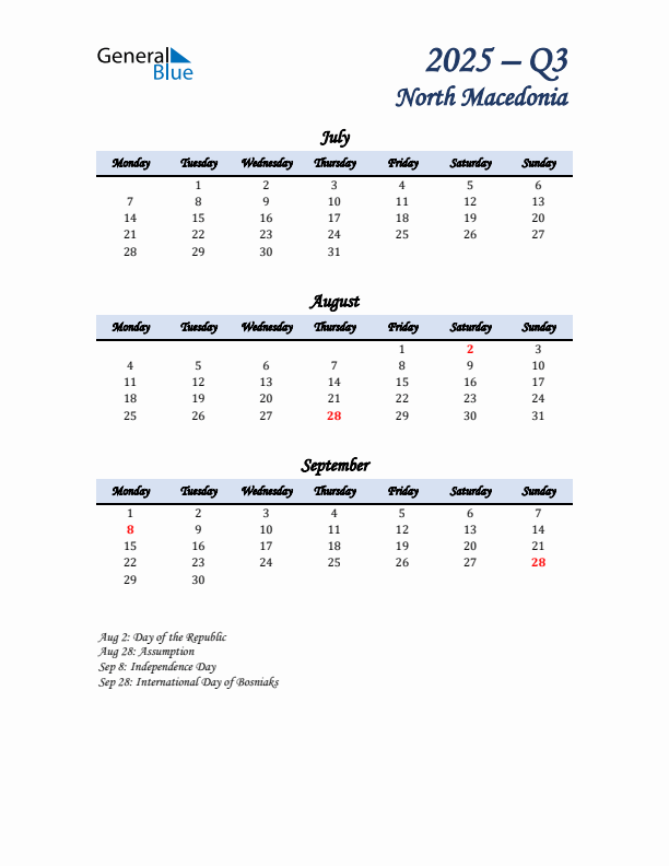 July, August, and September Calendar for North Macedonia with Monday Start