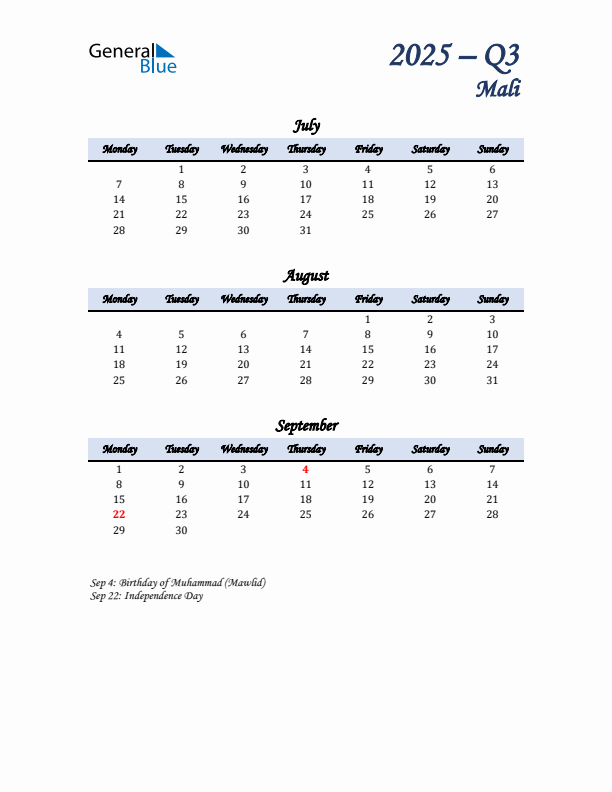 July, August, and September Calendar for Mali with Monday Start