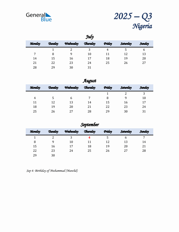 July, August, and September Calendar for Nigeria with Monday Start
