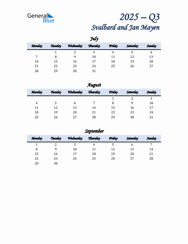 July, August, and September Calendar for Svalbard and Jan Mayen with Monday Start