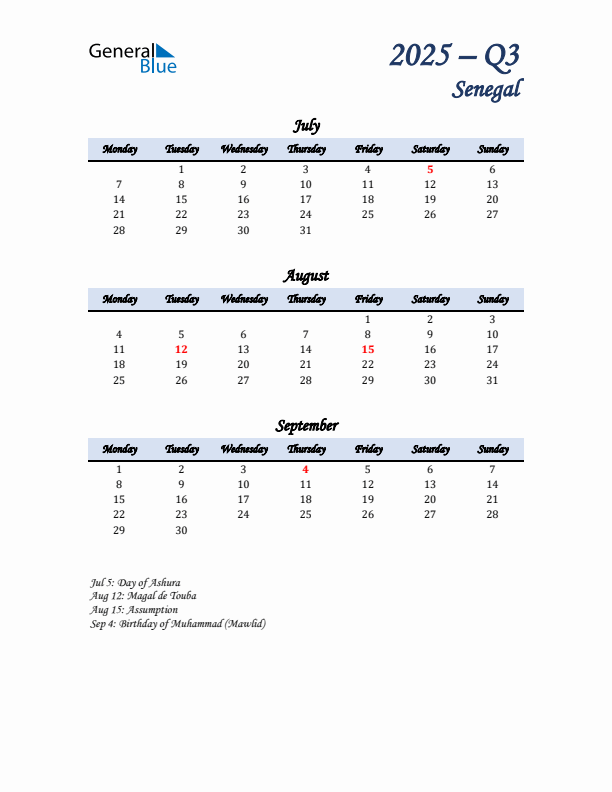 July, August, and September Calendar for Senegal with Monday Start