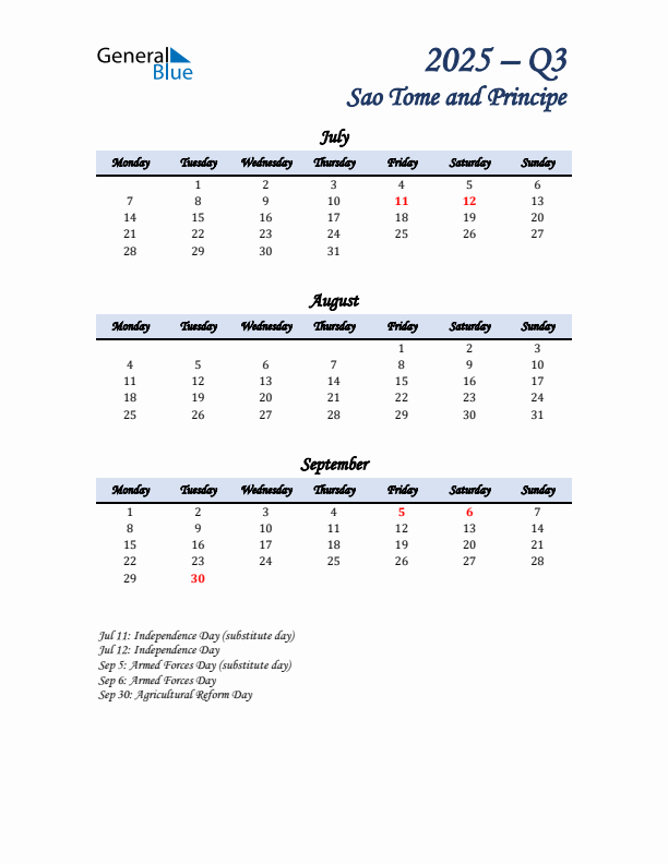 July, August, and September Calendar for Sao Tome and Principe with Monday Start