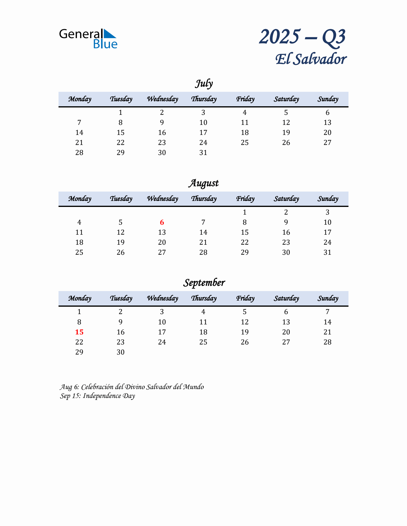 July, August, and September Calendar for El Salvador with Monday Start