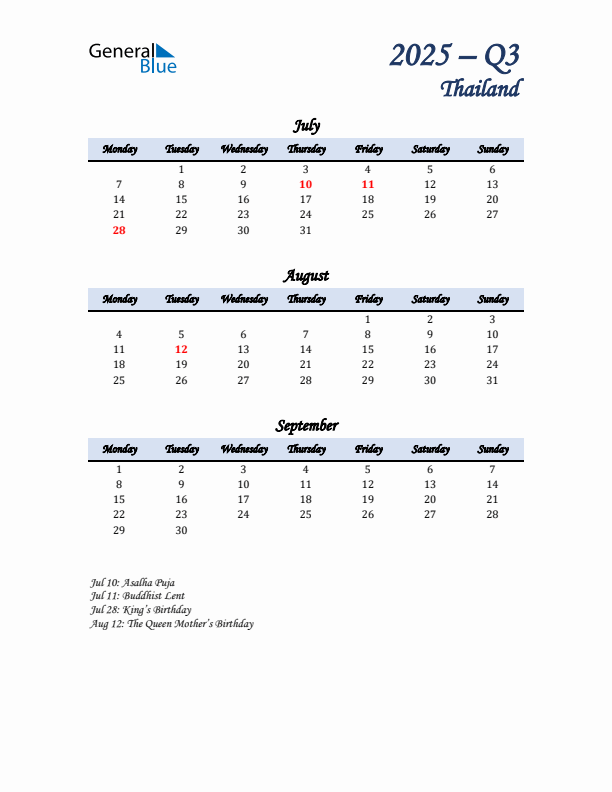 July, August, and September Calendar for Thailand with Monday Start