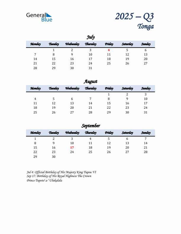 July, August, and September Calendar for Tonga with Monday Start