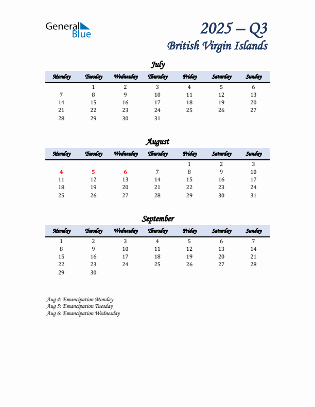 July, August, and September Calendar for British Virgin Islands with Monday Start