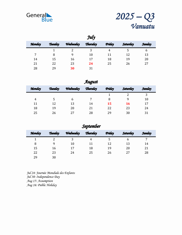July, August, and September Calendar for Vanuatu with Monday Start