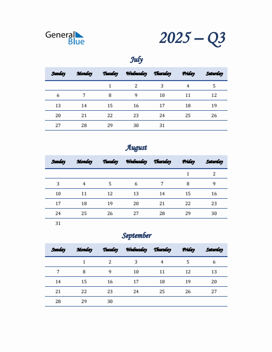 Quarter 3 2025 calendar template
