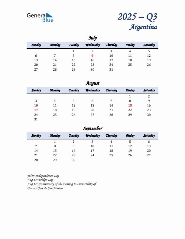 July, August, and September Calendar for Argentina with Sunday Start