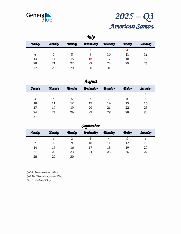 July, August, and September Calendar for American Samoa with Sunday Start