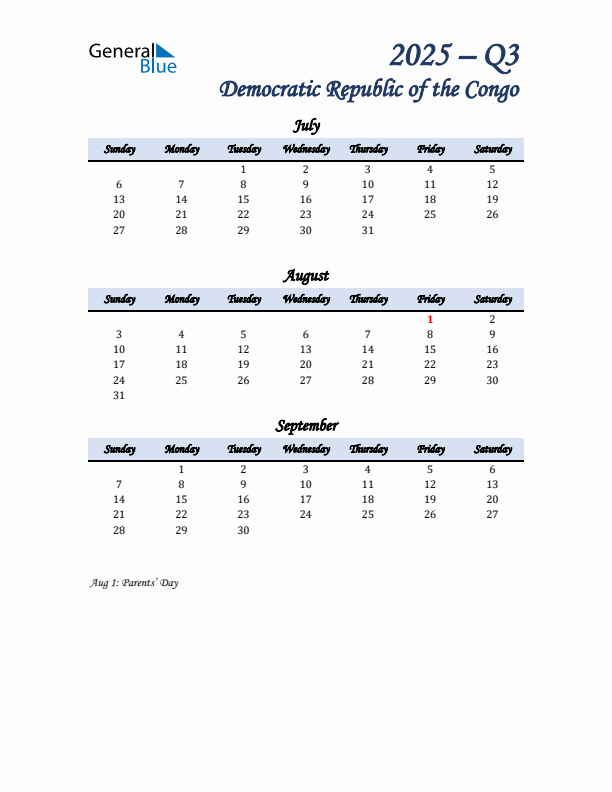 July, August, and September Calendar for Democratic Republic of the Congo with Sunday Start