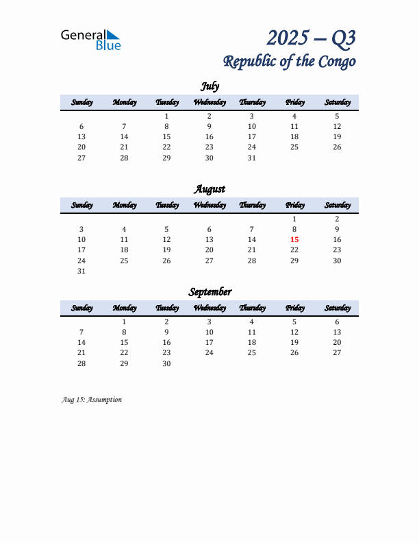 July, August, and September Calendar for Republic of the Congo with Sunday Start