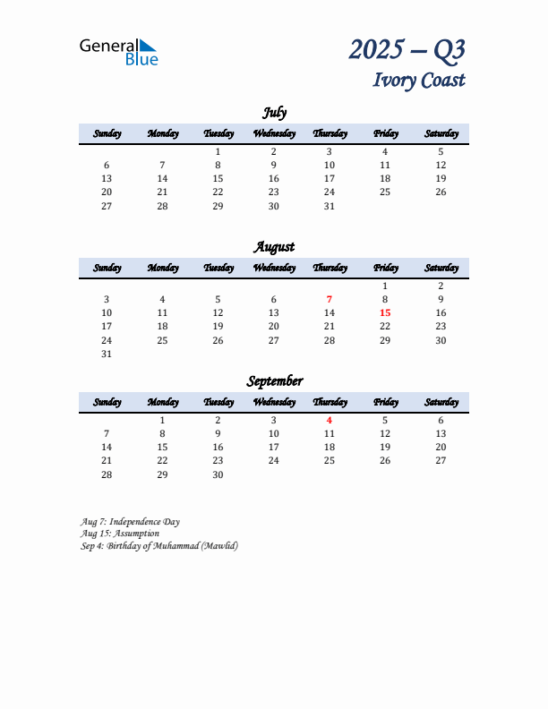 July, August, and September Calendar for Ivory Coast with Sunday Start