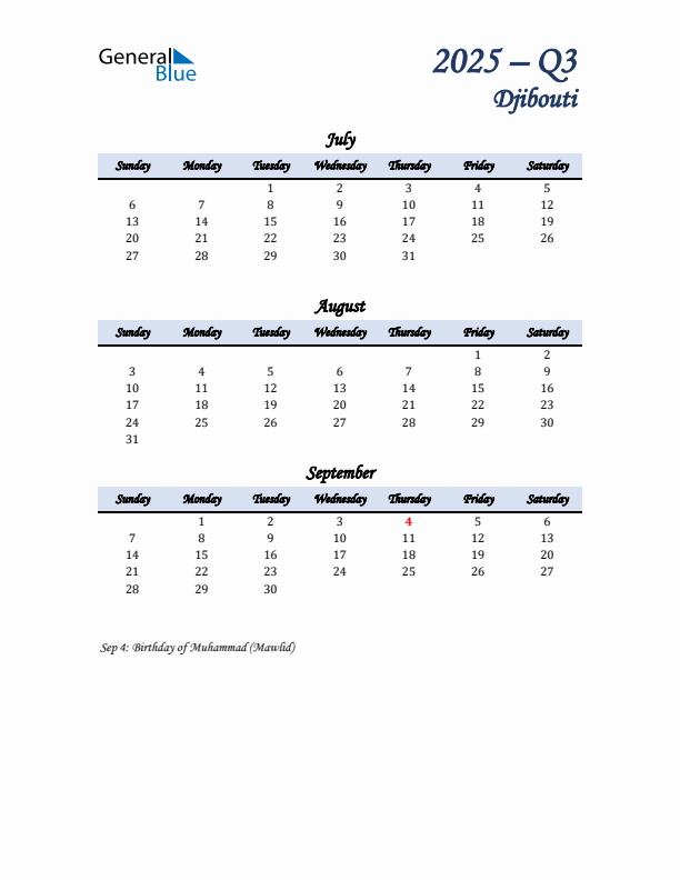 July, August, and September Calendar for Djibouti with Sunday Start