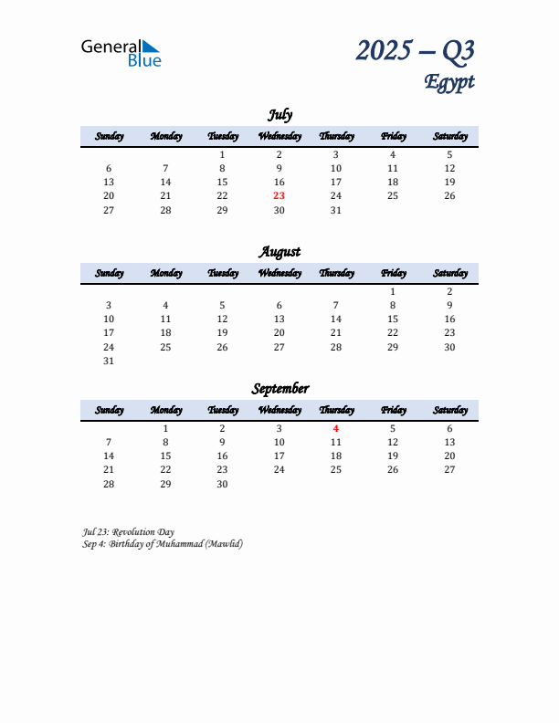 July, August, and September Calendar for Egypt with Sunday Start