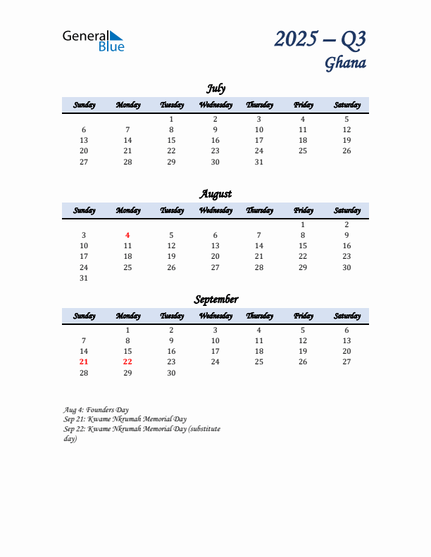 July, August, and September Calendar for Ghana with Sunday Start