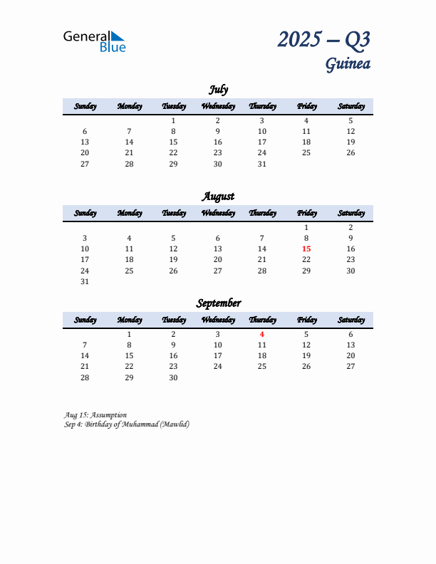 July, August, and September Calendar for Guinea with Sunday Start