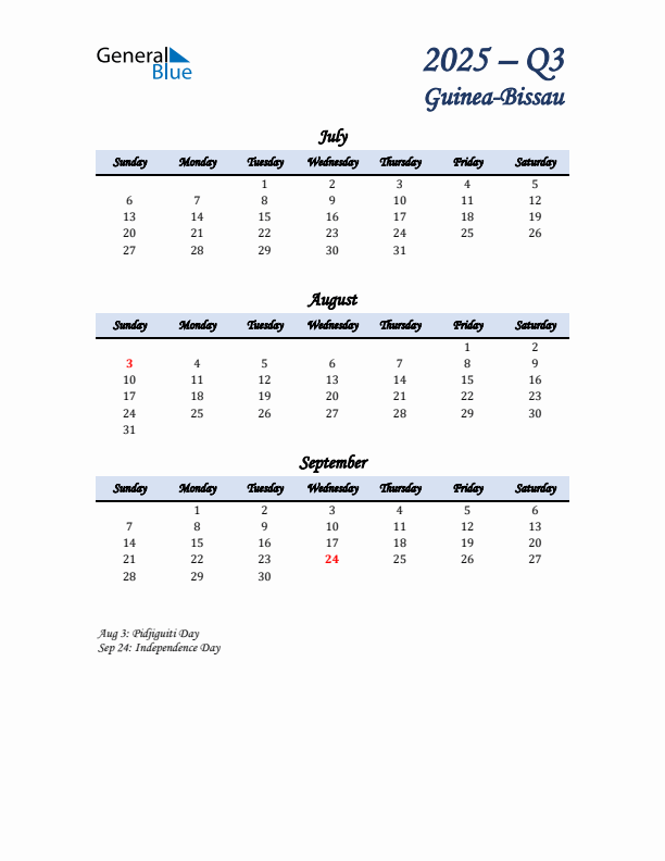 July, August, and September Calendar for Guinea-Bissau with Sunday Start