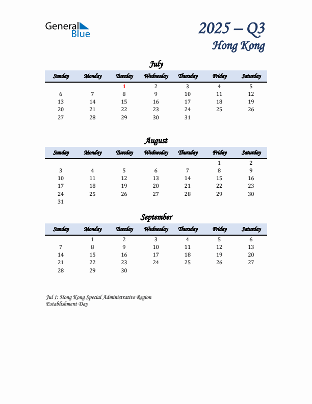 July, August, and September Calendar for Hong Kong with Sunday Start