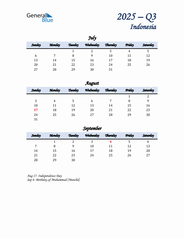 July, August, and September Calendar for Indonesia with Sunday Start