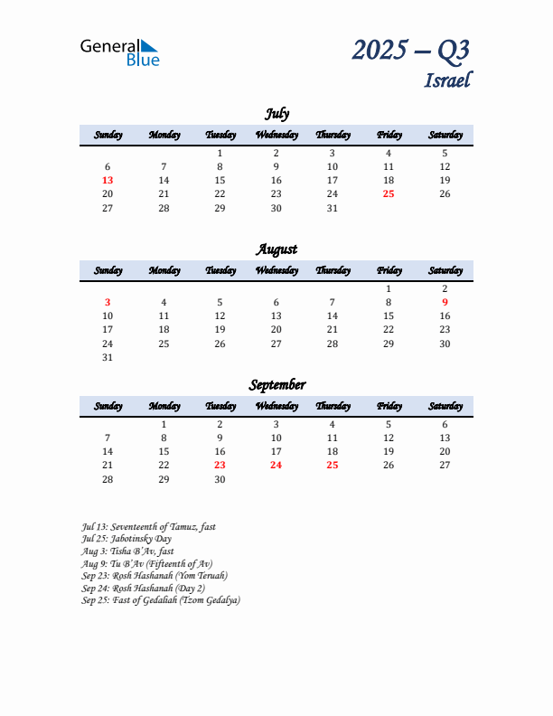 July, August, and September Calendar for Israel with Sunday Start