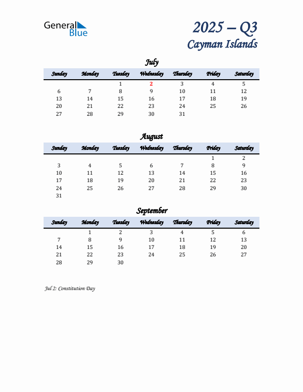 July, August, and September Calendar for Cayman Islands with Sunday Start