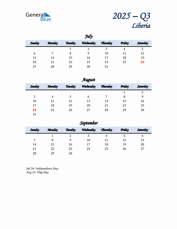 July, August, and September Calendar for Liberia with Sunday Start