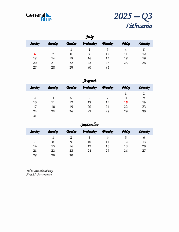 July, August, and September Calendar for Lithuania with Sunday Start