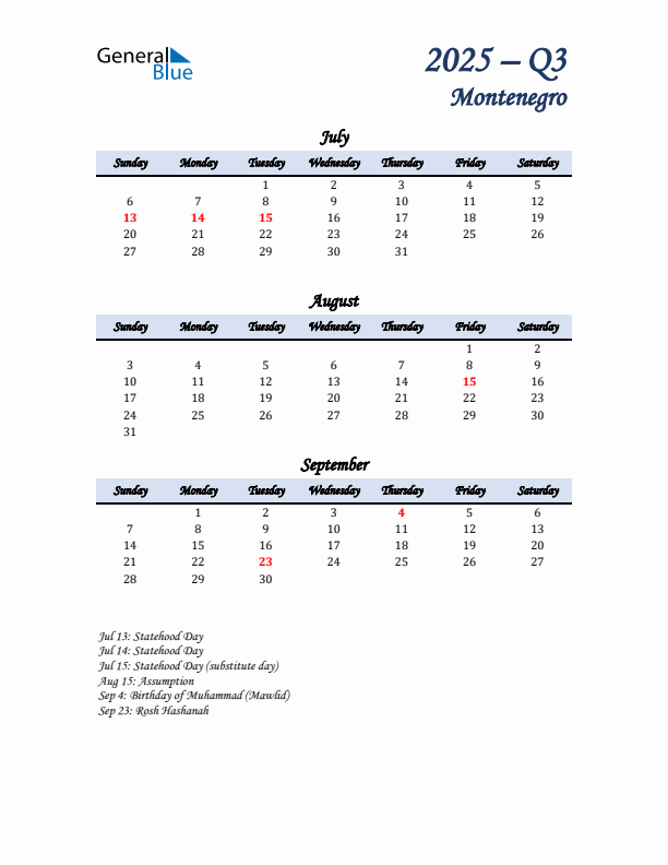 July, August, and September Calendar for Montenegro with Sunday Start