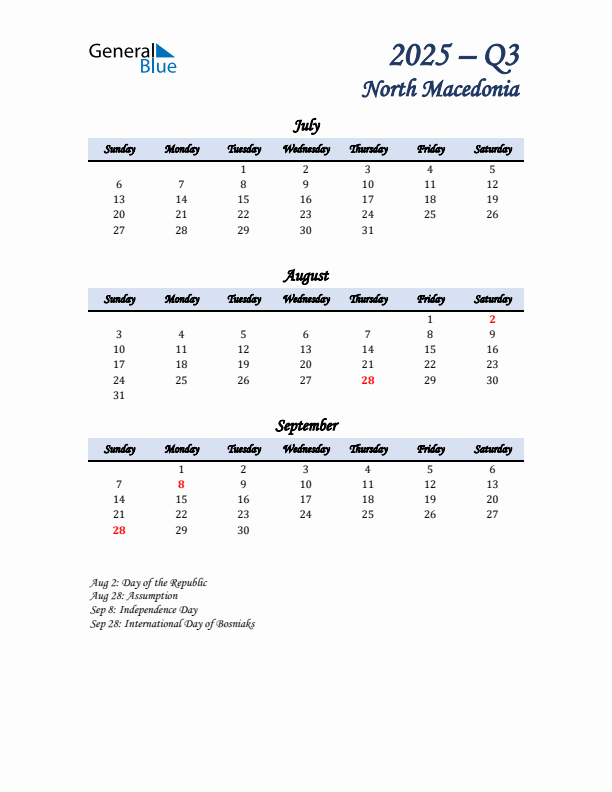 July, August, and September Calendar for North Macedonia with Sunday Start