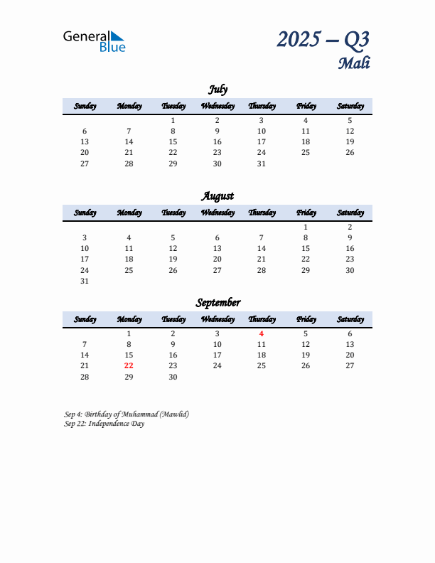 July, August, and September Calendar for Mali with Sunday Start