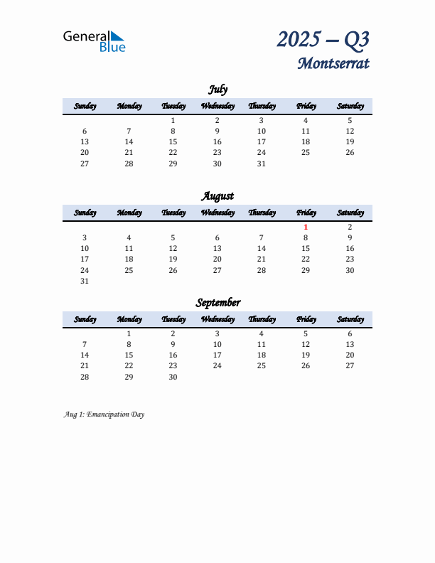 July, August, and September Calendar for Montserrat with Sunday Start