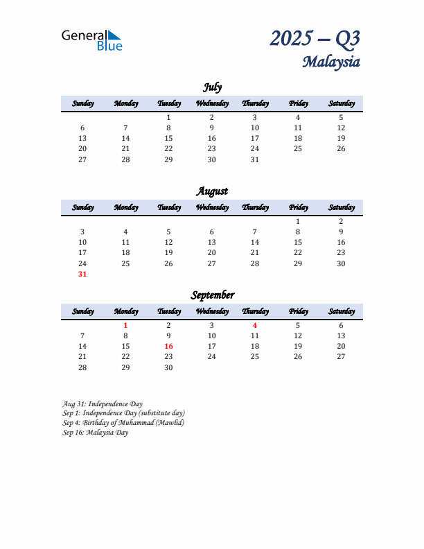 July, August, and September Calendar for Malaysia with Sunday Start