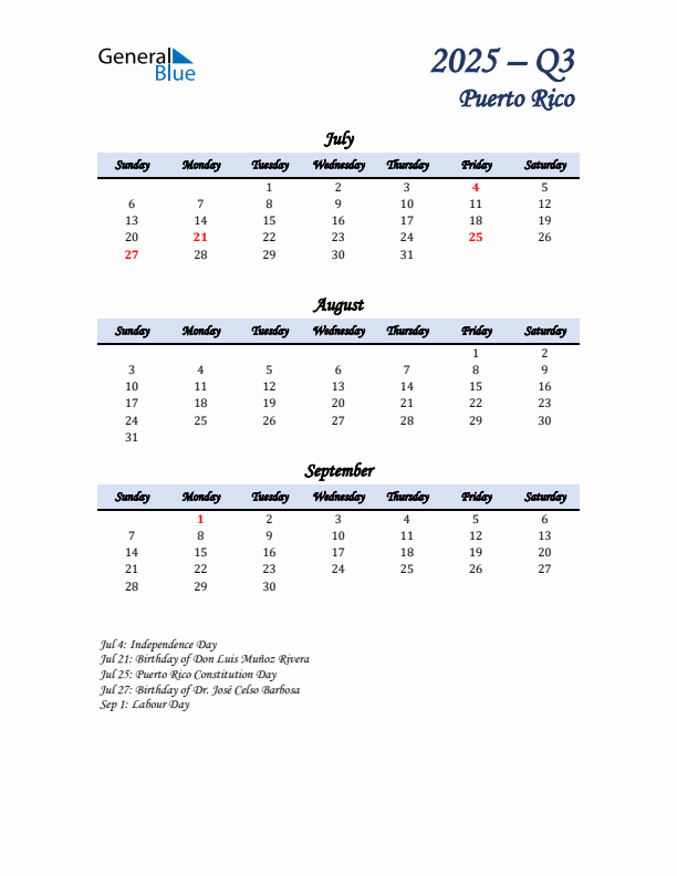 July, August, and September Calendar for Puerto Rico with Sunday Start