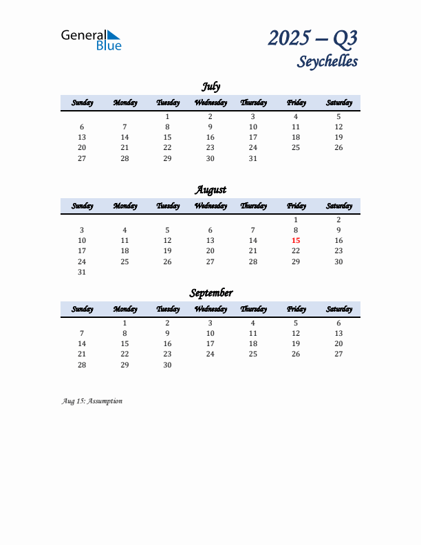 July, August, and September Calendar for Seychelles with Sunday Start