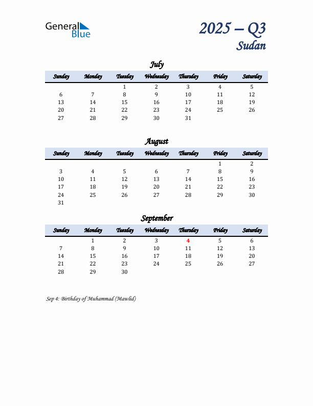 July, August, and September Calendar for Sudan with Sunday Start