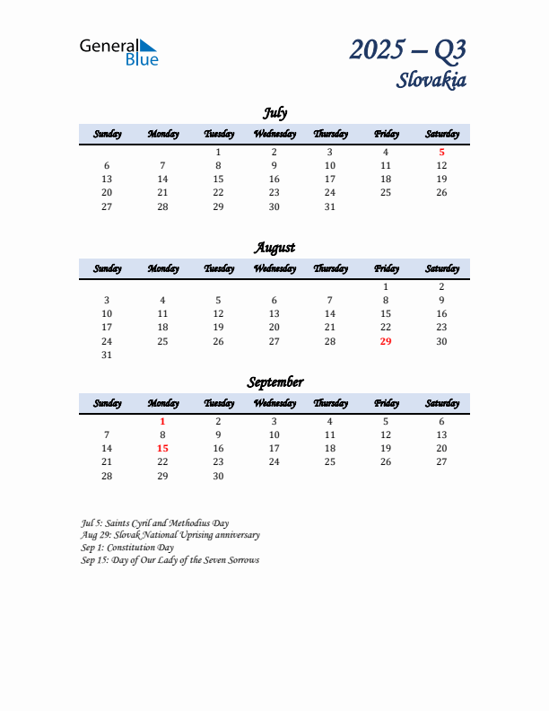 July, August, and September Calendar for Slovakia with Sunday Start