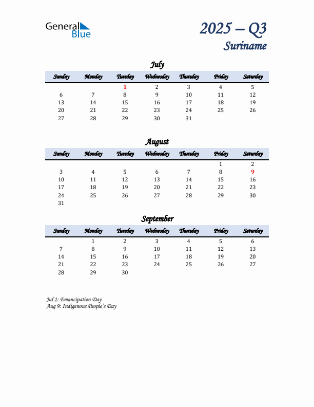 July, August, and September Calendar for Suriname with Sunday Start