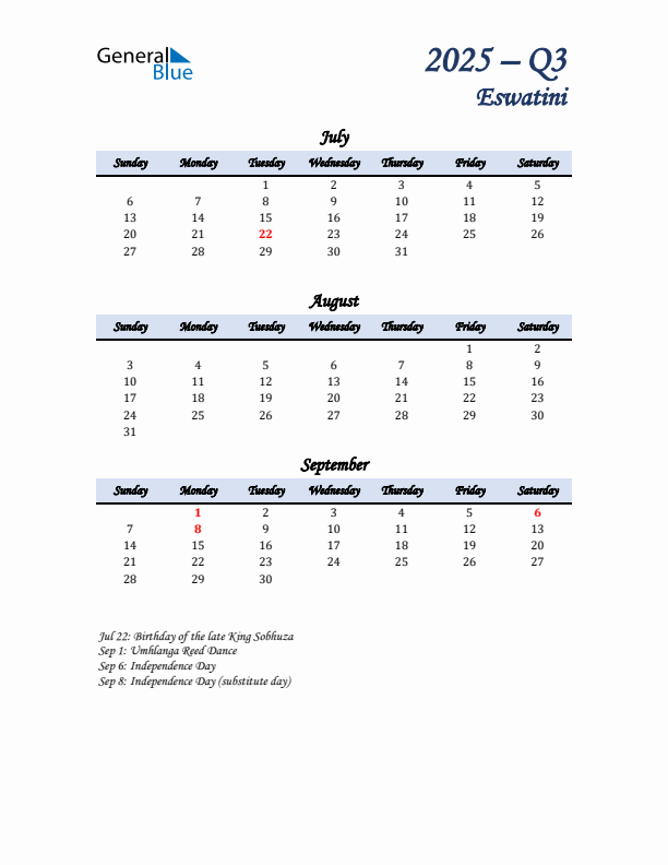 July, August, and September Calendar for Eswatini with Sunday Start