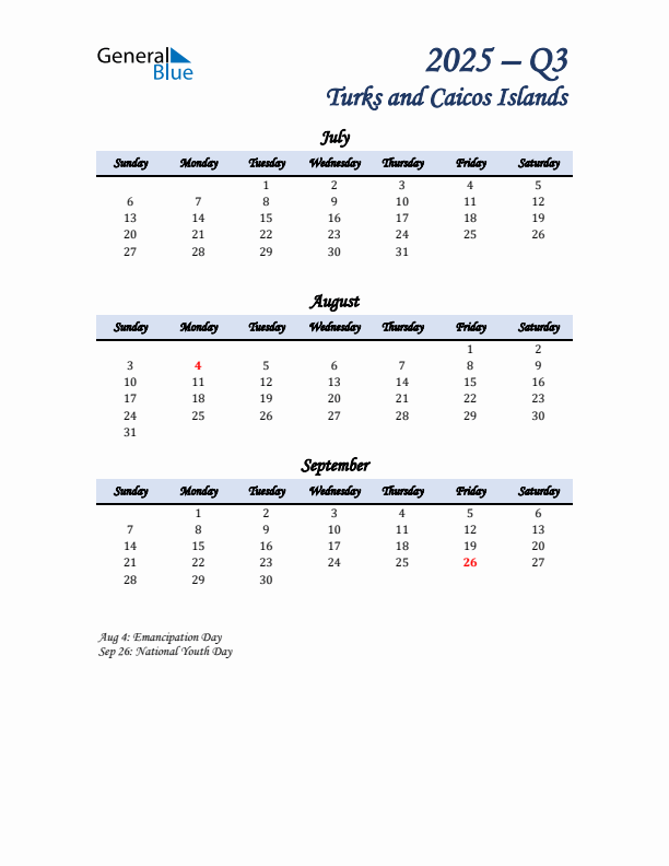 July, August, and September Calendar for Turks and Caicos Islands with Sunday Start
