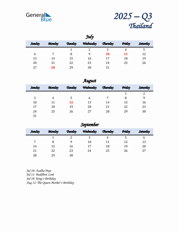 July, August, and September Calendar for Thailand with Sunday Start